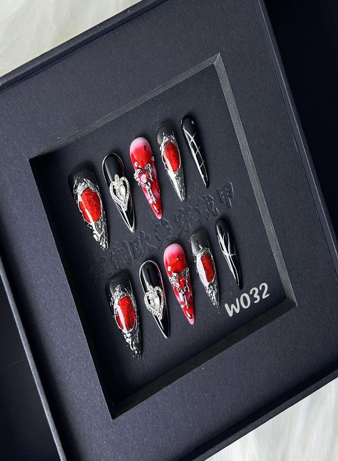 Sevgob 100% 5D Handmade Press on Nails with Heart Charms Long Stiletto Nails Press ons- Balck False Nails Ombre Red Press on Nails Halloween Fake Nails for Women Girls Daily Wear DIY Manicure Size M - Image 2